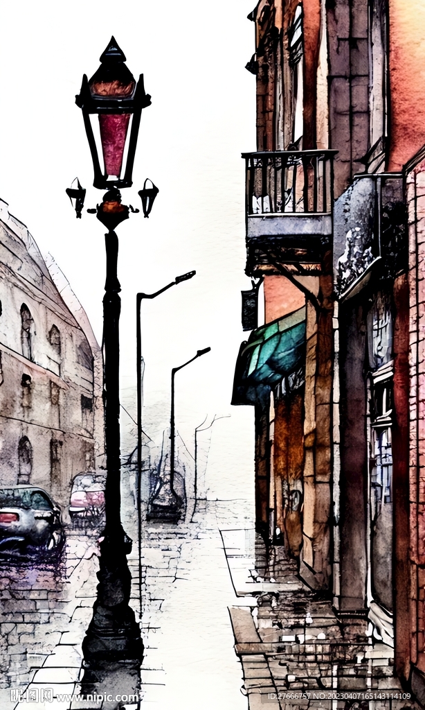 手绘水彩风格雨中城市景观建筑