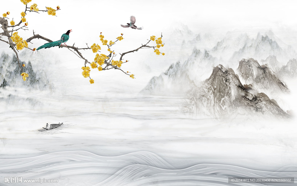 新中式石纹水墨山水