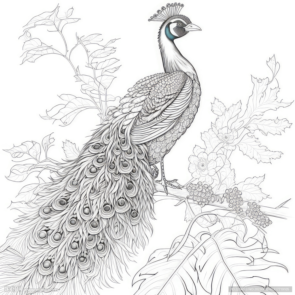 白描孔雀