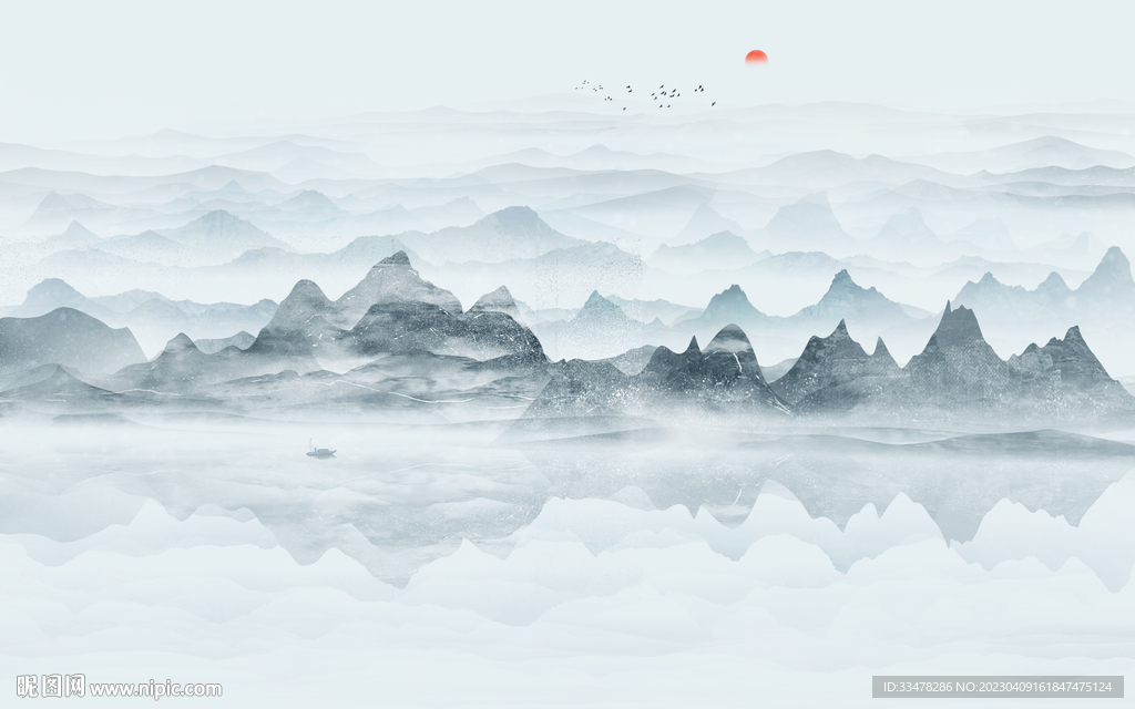 意境水墨山水画背景墙