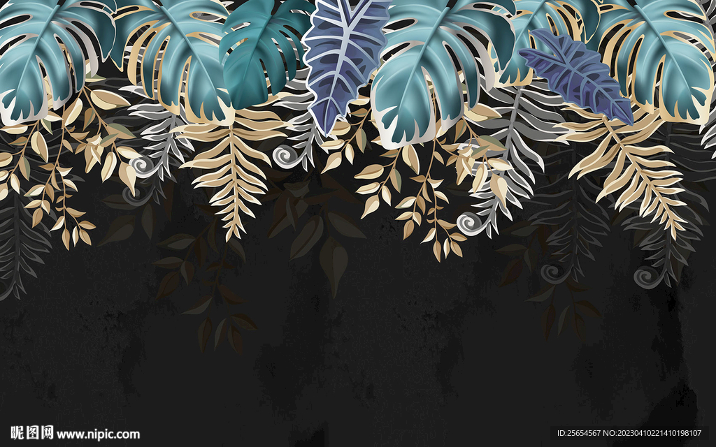 北欧风金箔热带植物电视背景墙