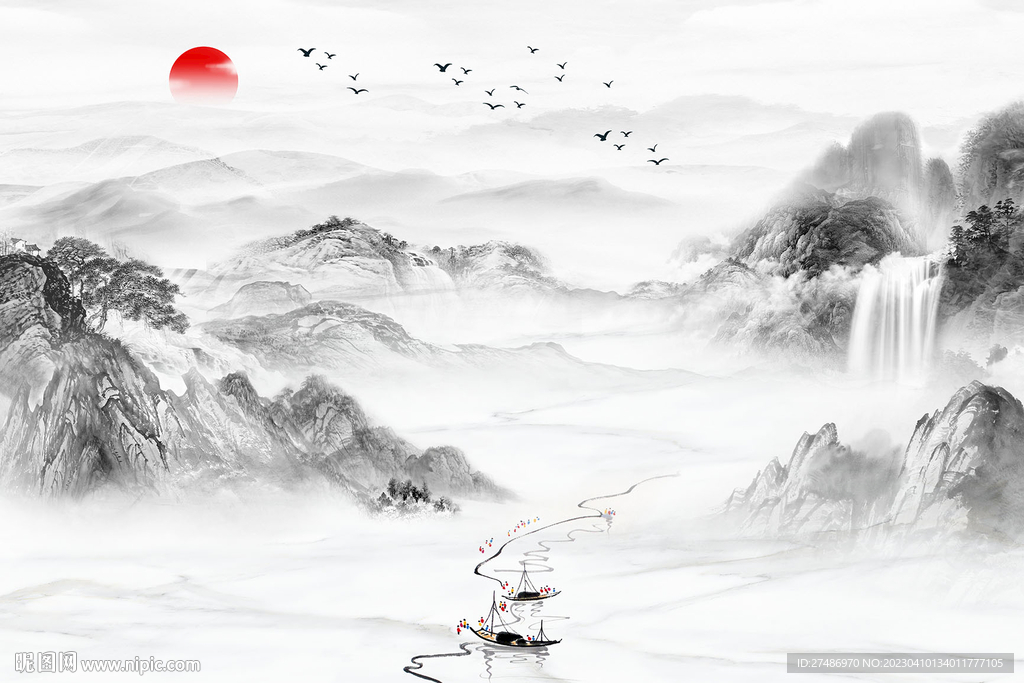 新中式山水一帆风顺电视背景墙