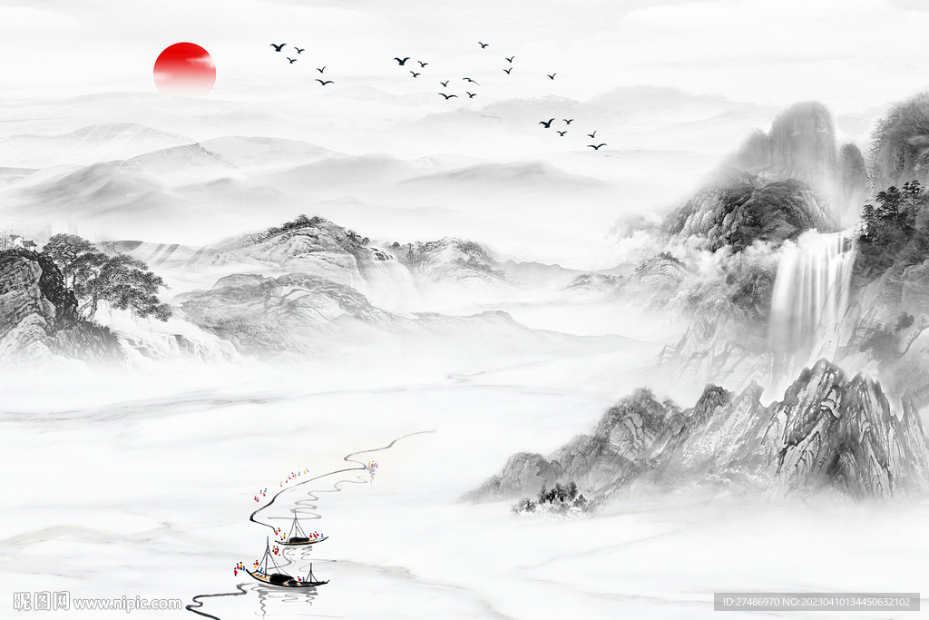 新中式一帆风顺山水意境背景墙