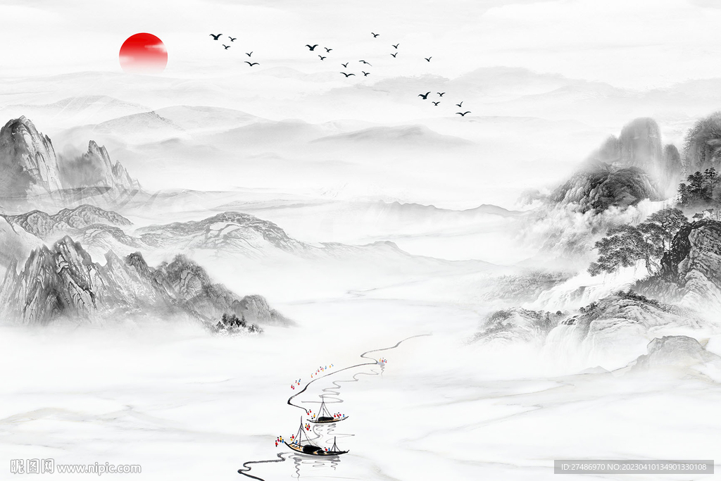 新中式山水意境顺风顺水背景墙