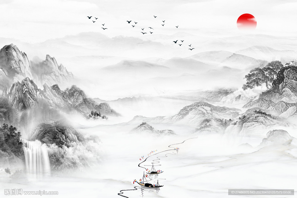 新中式山水意境国画水墨背景墙