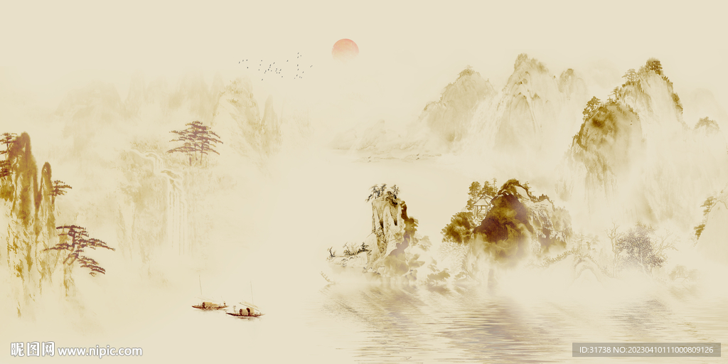 中国风古画山水背景墙画