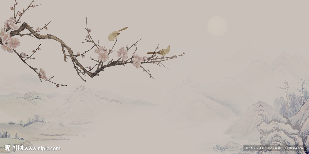 中式工笔花鸟画背景墙