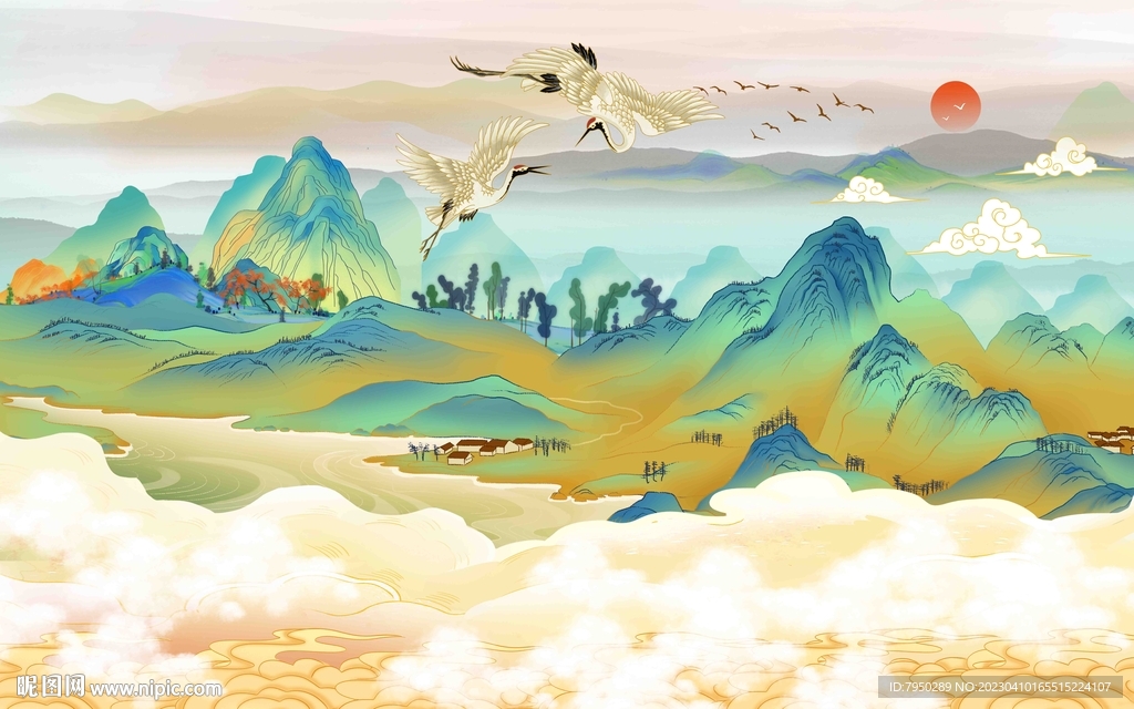 国潮山水背景墙