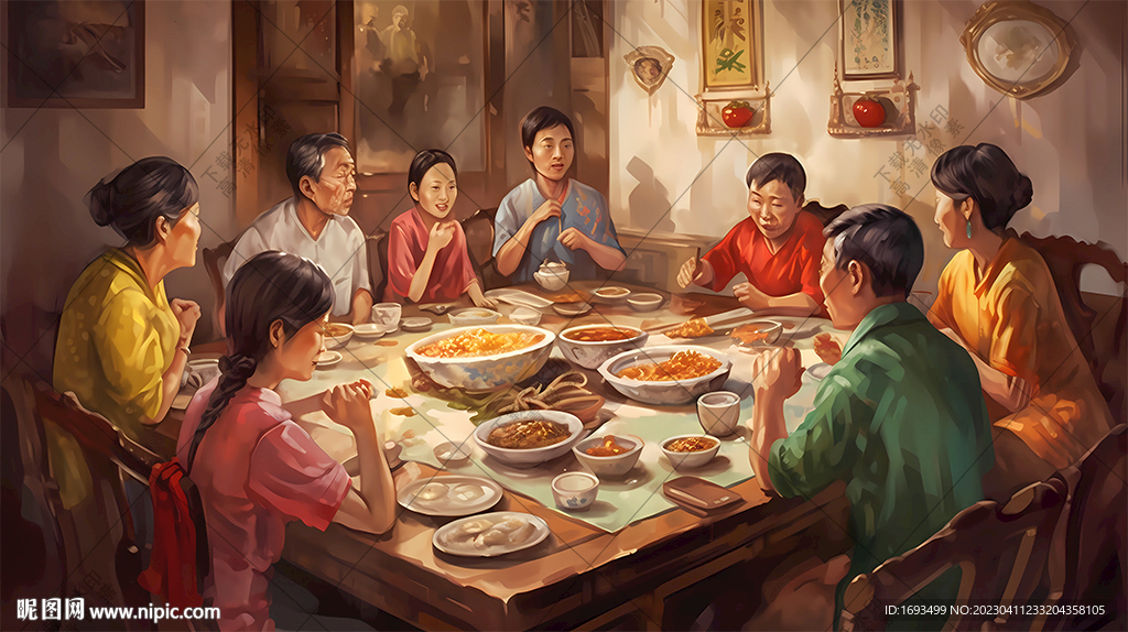 中秋节插画一家人吃团圆饭