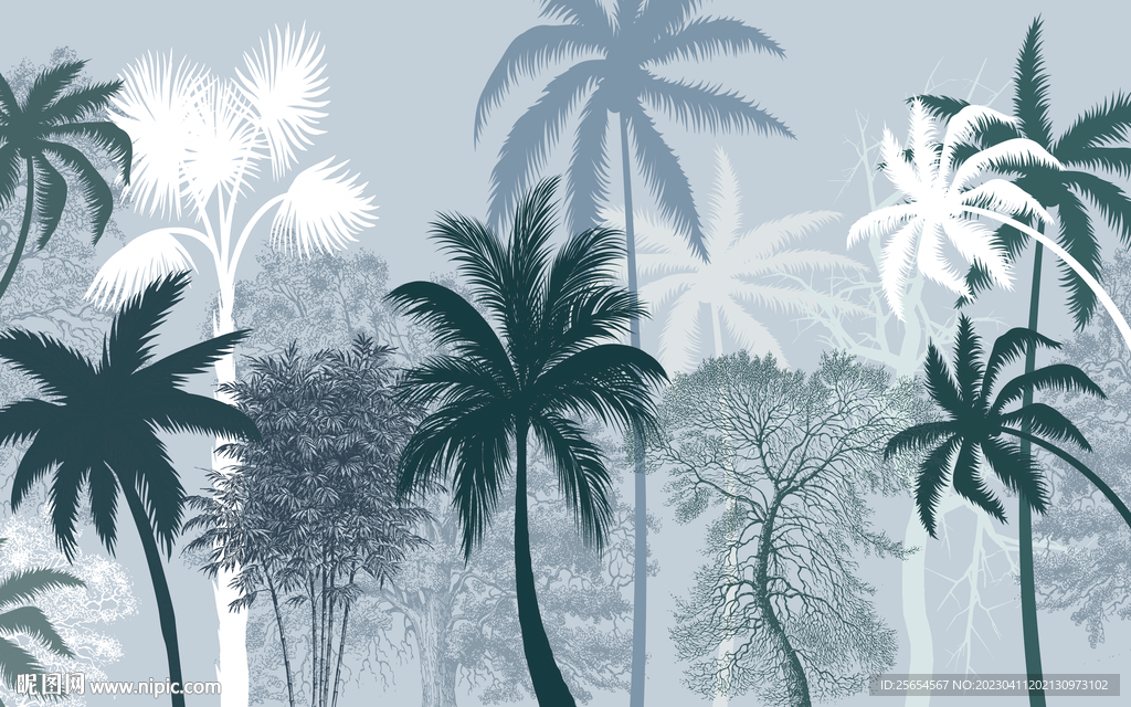 热带植物灌丛椰子树淡雅背景墙