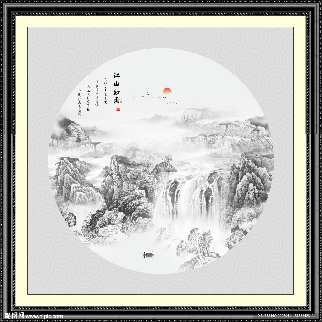 圆形山水画禅意水墨画