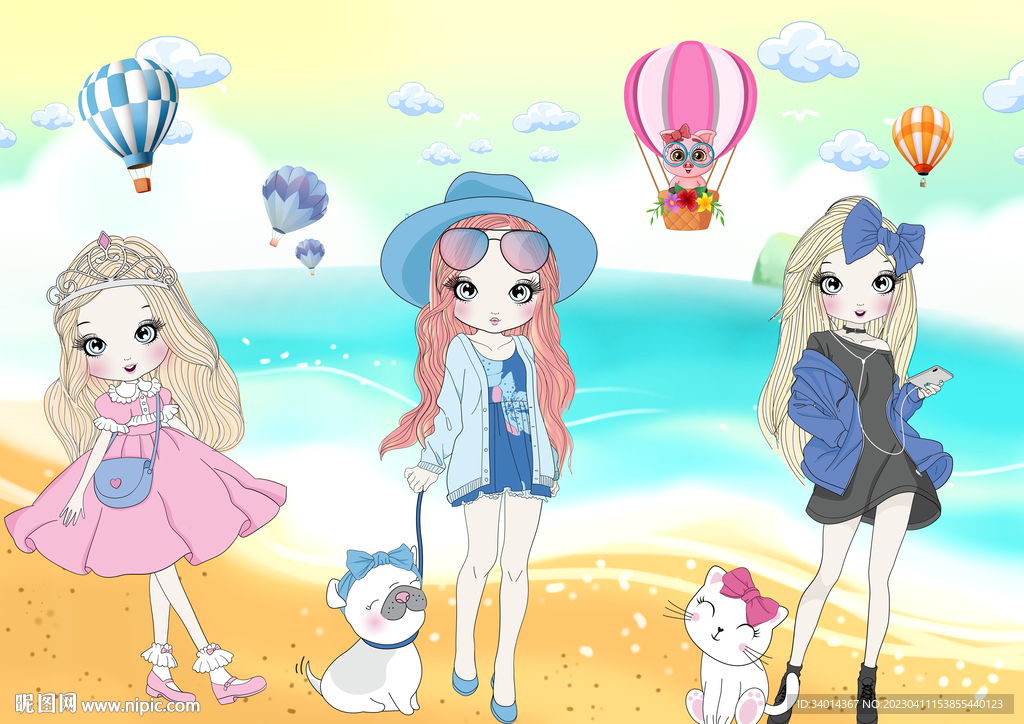 卡通少女海滩背景墙