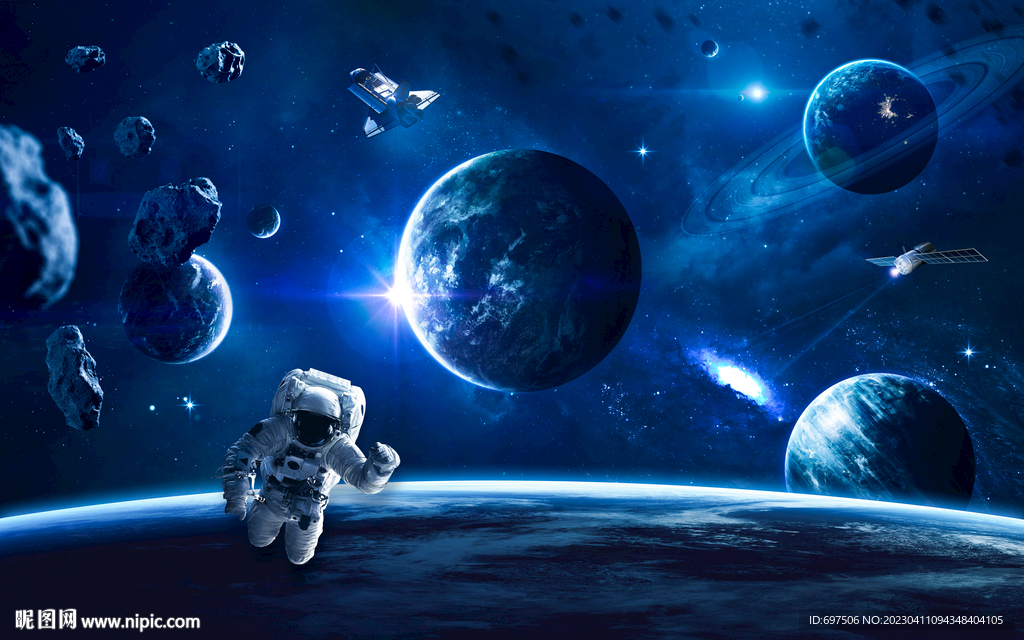 蓝色太空星球宇航员银河宇宙背景