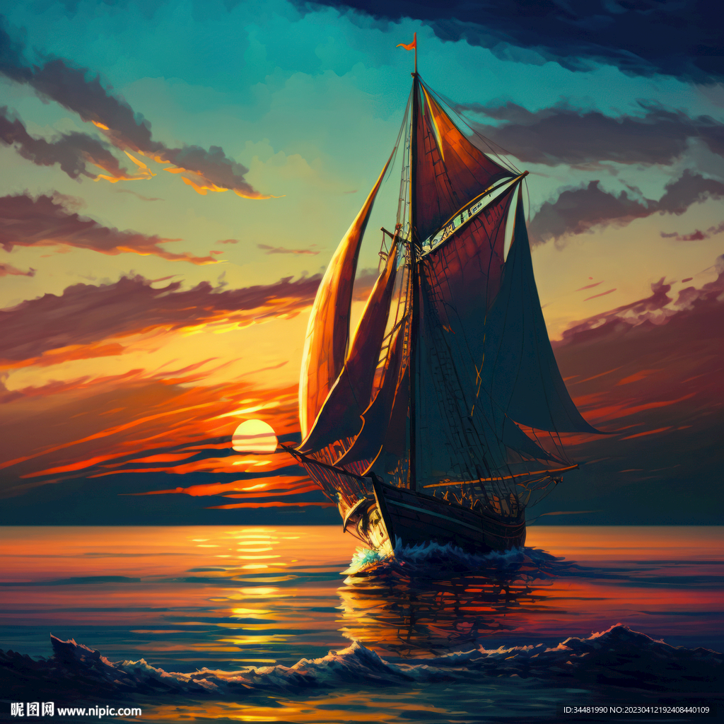 海上日落帆船