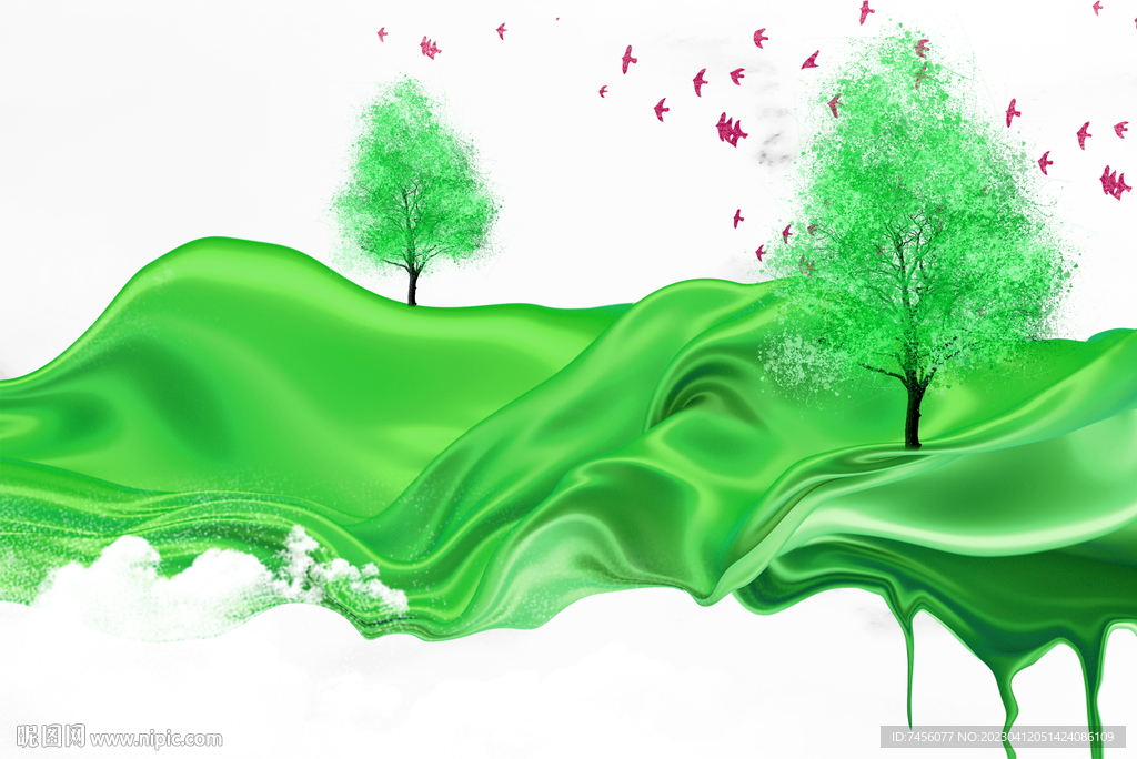 绿色大树绸布艺术挂画装饰画