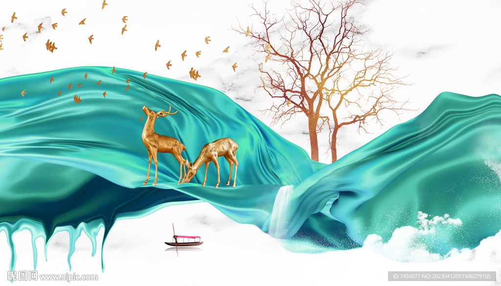麋鹿大树水彩湖畔艺术挂画装饰画