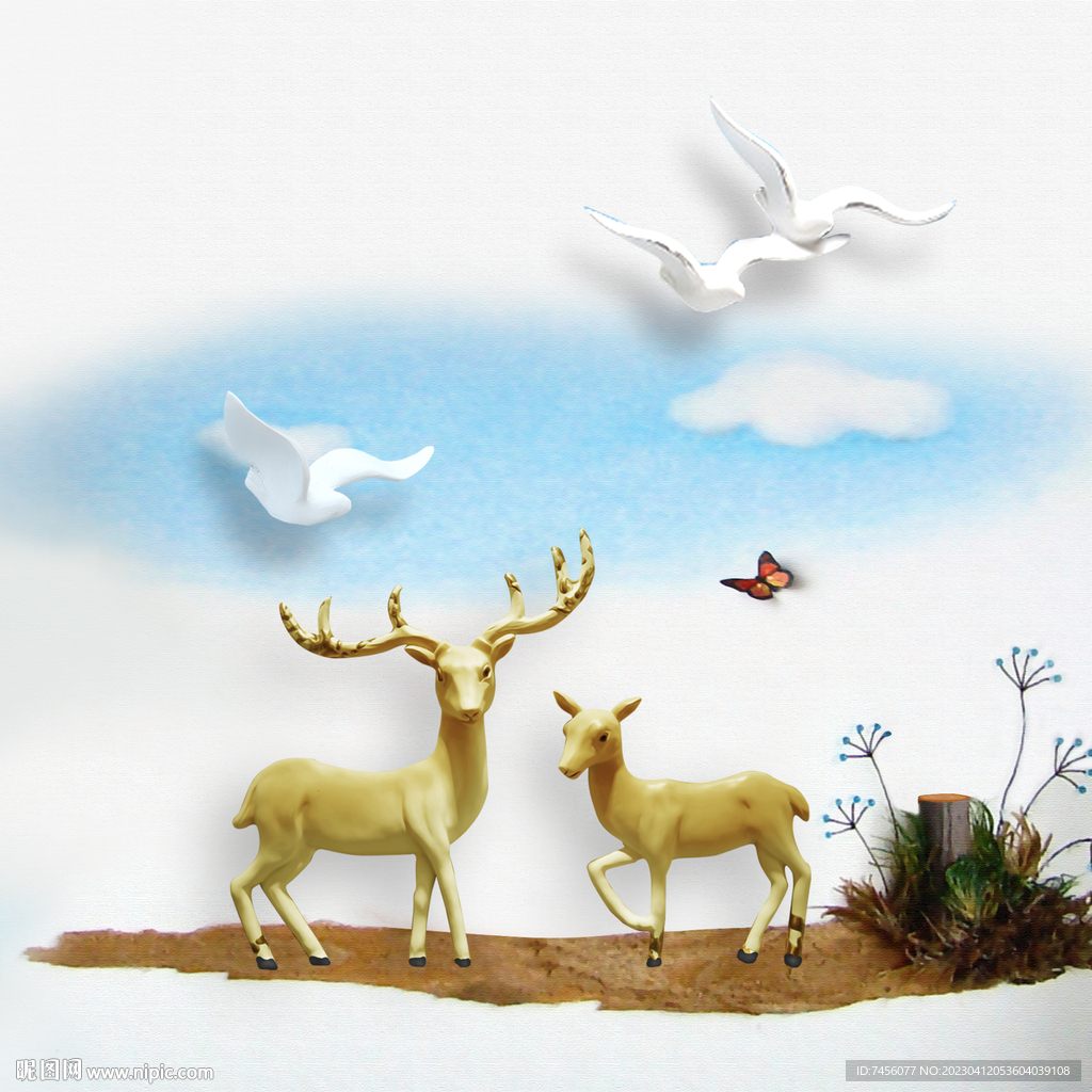 水彩麋鹿飞鸟艺术挂画装饰画