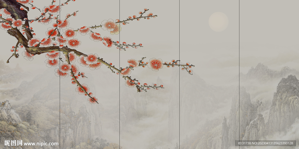 新中式床头花鸟画背景墙