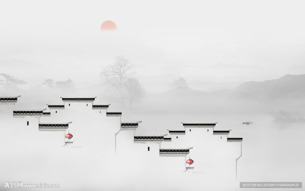 水墨江南水乡背景墙