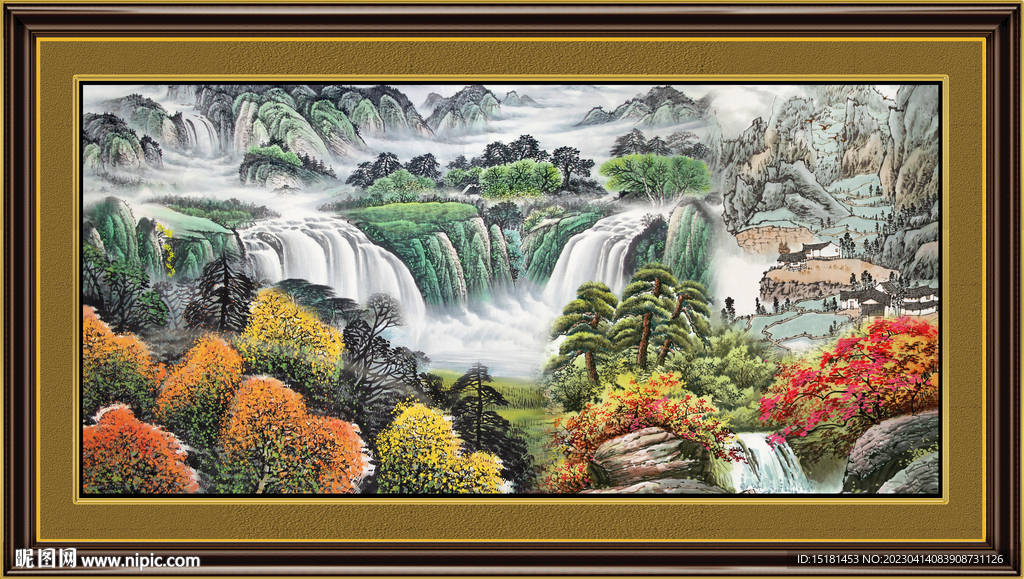 瀑布山水画 