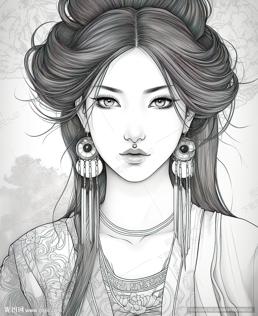 黑白铅笔画女子