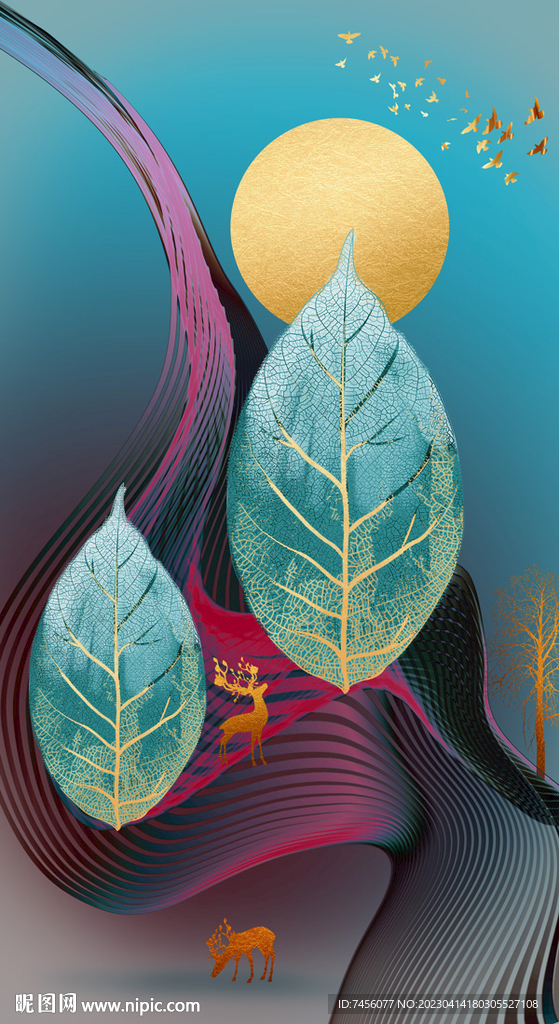 水彩树叶轻奢麋鹿艺术挂画装饰画