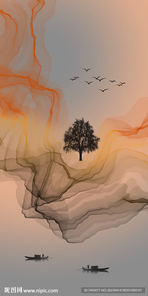 水墨湖畔唯美艺术挂画玄关装饰画