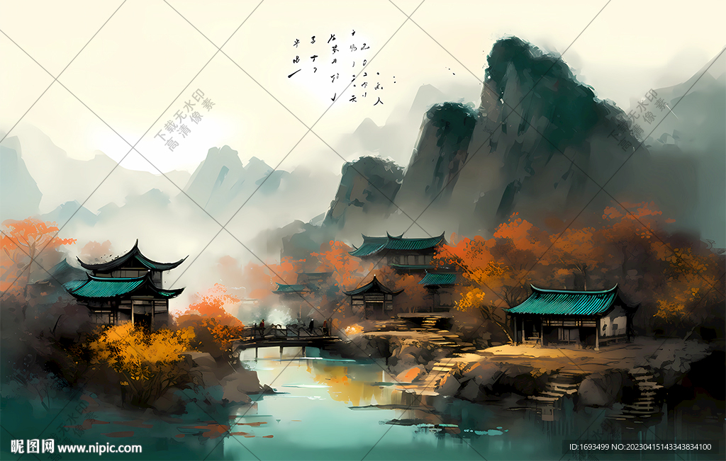 中国风乡情故乡江南水乡山水画