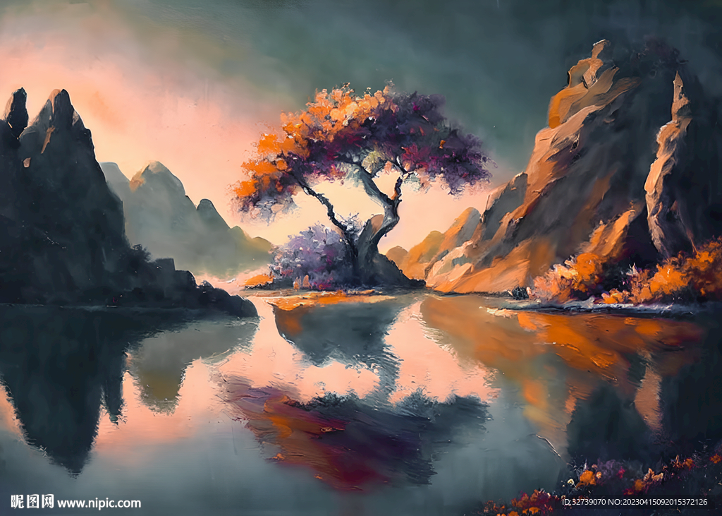 油画 湖光山色