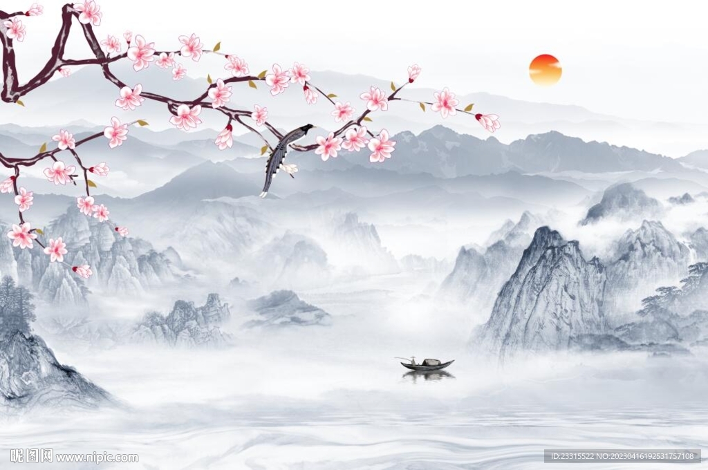 梅花山水背景墙