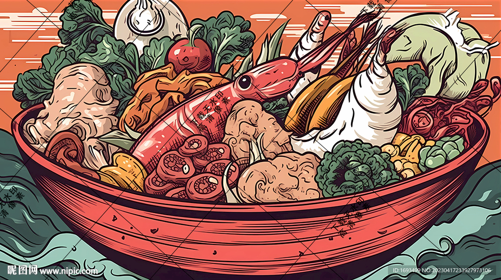 国潮美食插画背景墙