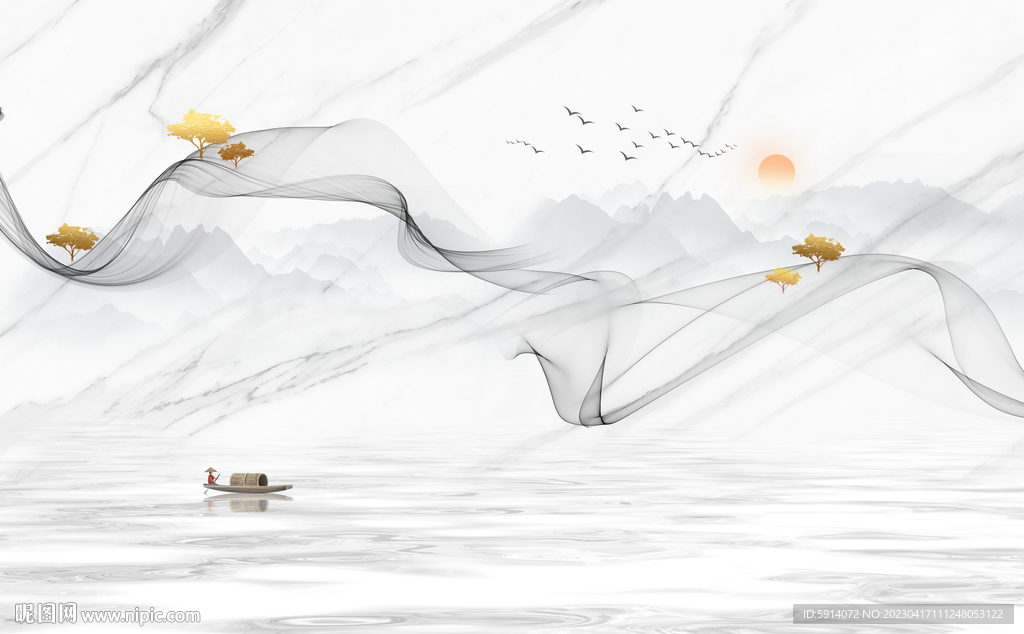 弧线 水墨山水画背景墙 装饰画