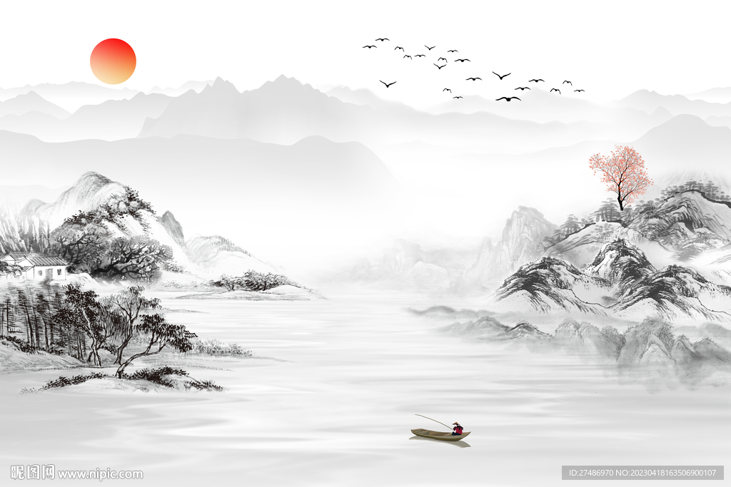 新中式古典意境水墨画山水背景墙