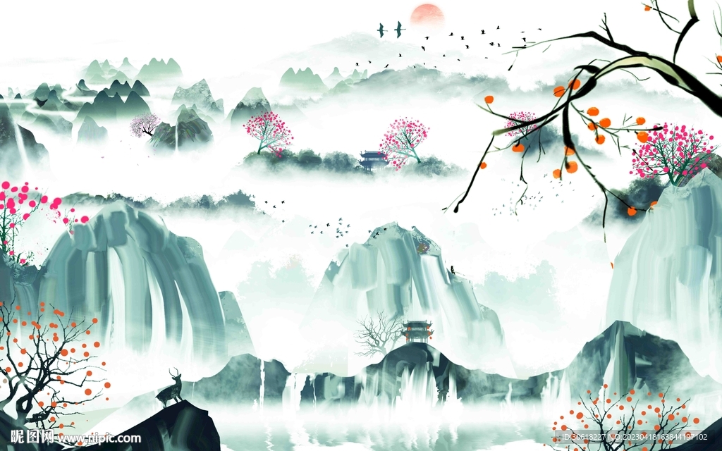 手绘水墨山水中式插画背景墙  