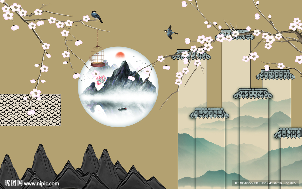 手绘水墨山水中式插画背景墙 