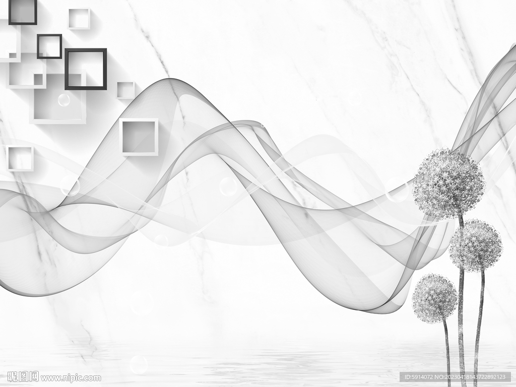 蒲公英曲线弧线灰白大理石背景墙
