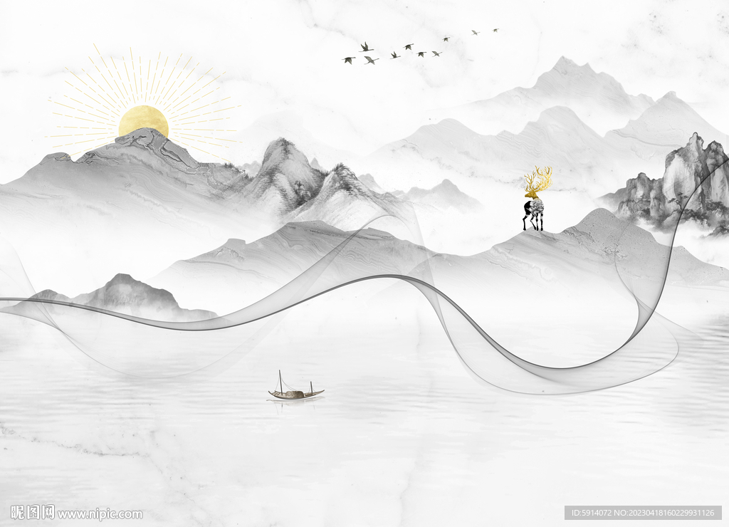 水墨山水画背景墙 弧线装饰画