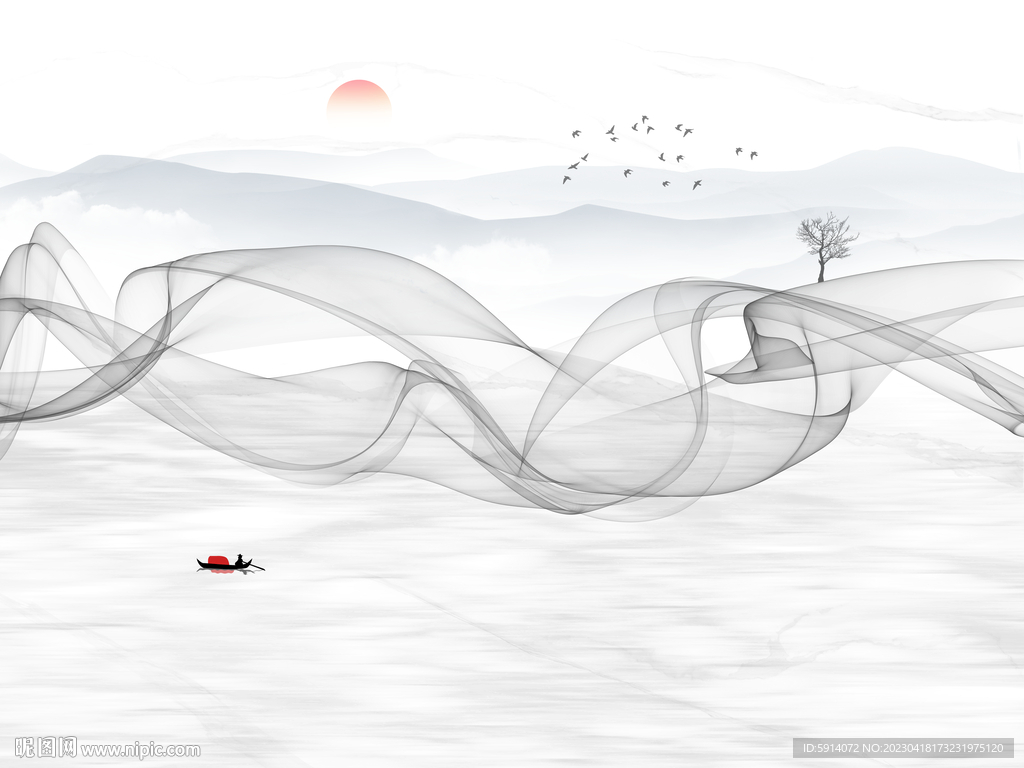 水墨山水画背景墙 弧线装饰画船