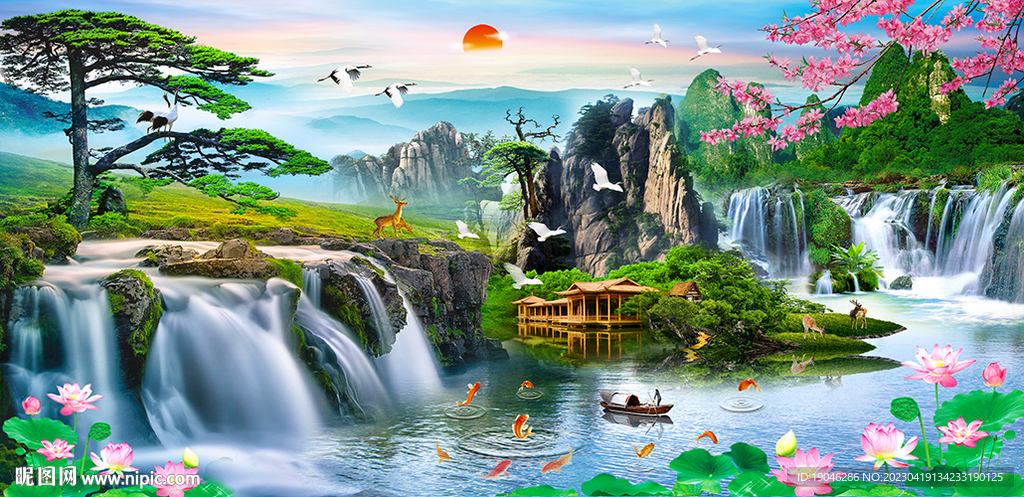 流水生财迎客松财运风景画