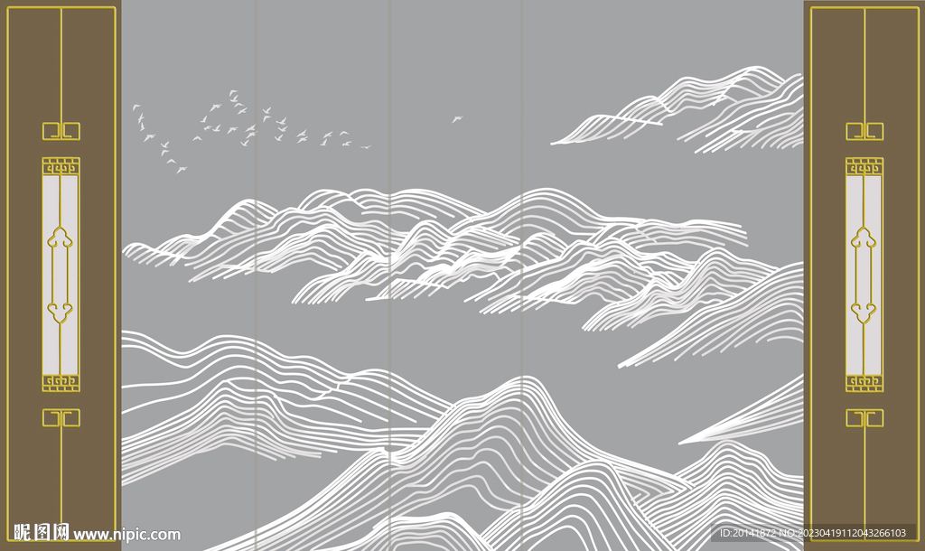 手绘线稿山水护墙板