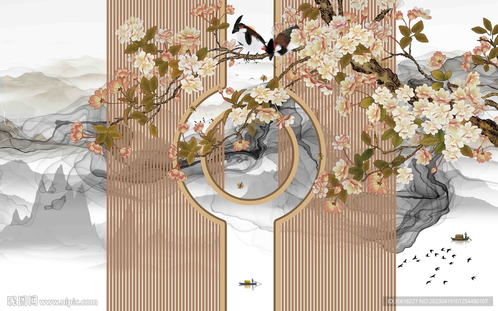 手绘水墨山水中式插画背景墙