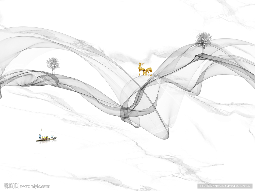 曲线弧线 灰白大理石背景墙麋鹿