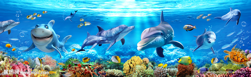 海底世界海豚主题空间3D背景墙