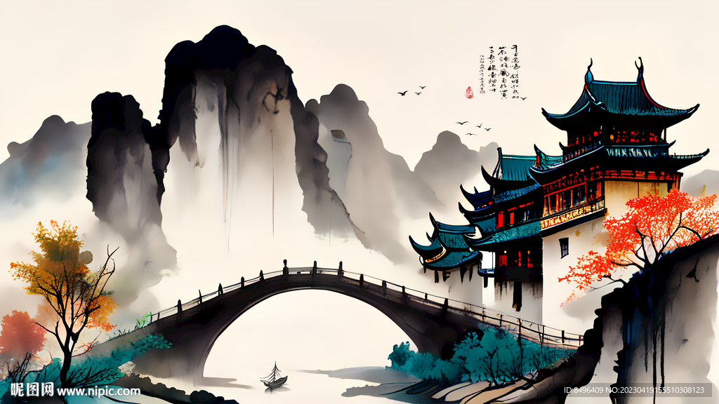 水墨江南水乡意境山水画