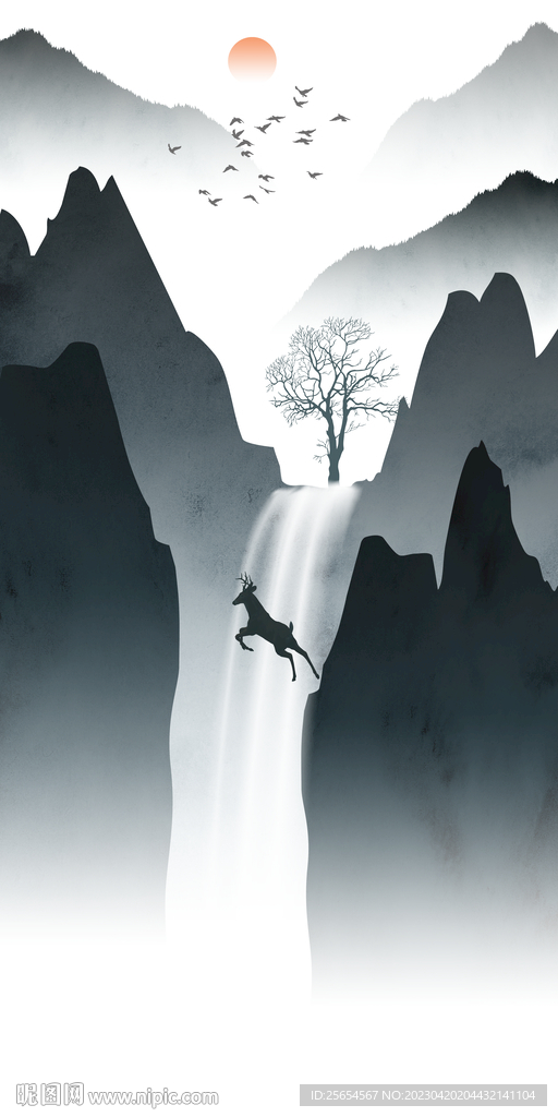 水墨山水流水生财玄关背景墙挂画