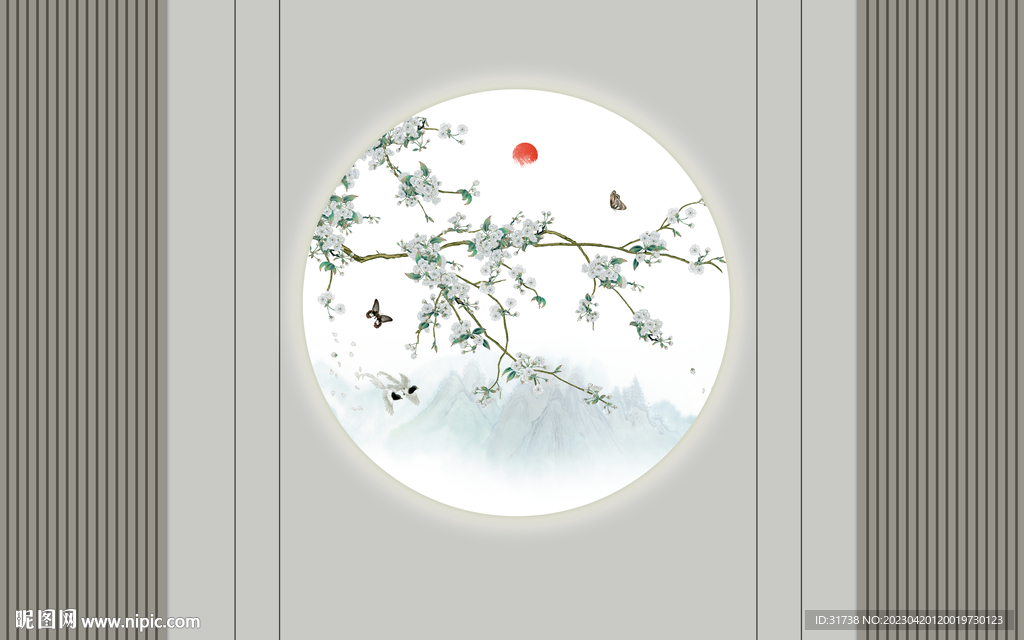新中式花鸟画护墙板背景墙