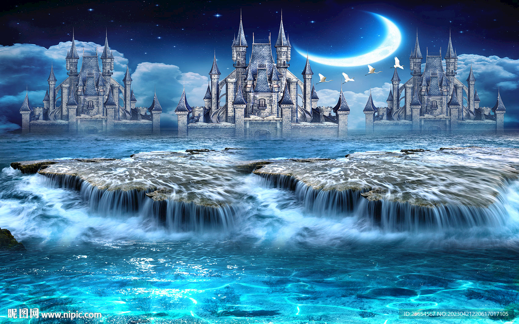 夜晚下的城堡海景风景画