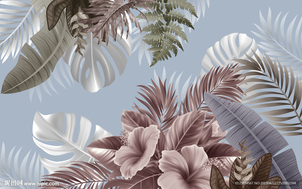 手绘热带植物抽象艺术室内背景墙