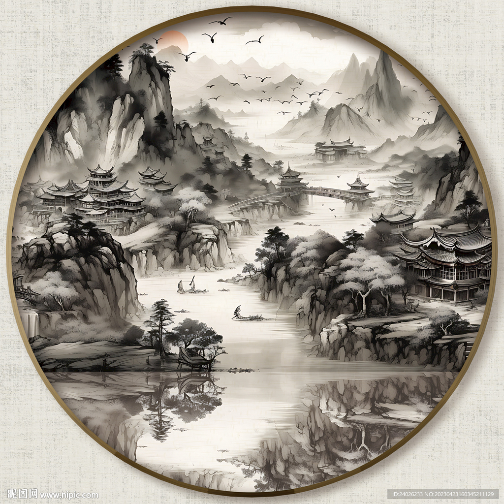 圆形中式山水画