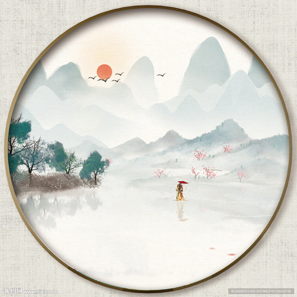 圆形中方式山水画